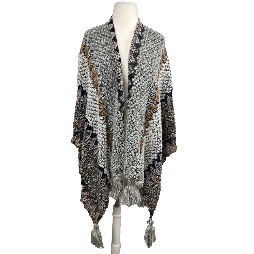 Saachi Chevron Knit Poncho Shawl Tassel Boho OS Black White Pink Blue Brown NWOT